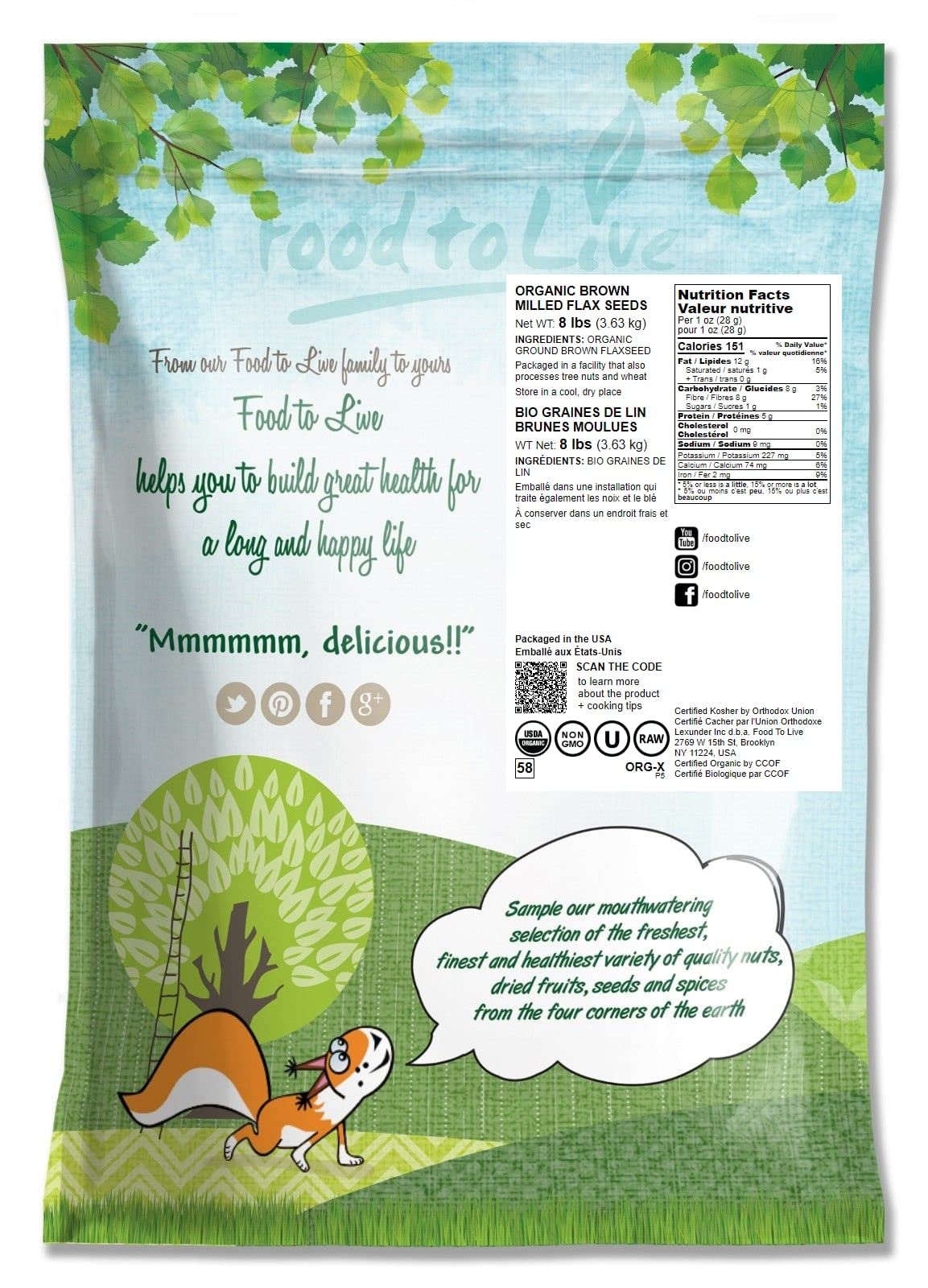 Food to Live Organic Brown Flaxseed Meal, 8 Pounds - Non-GMO, Kosher, Cold-Milled from Raw Whole Seeds, Pure Powder, Vegan Super