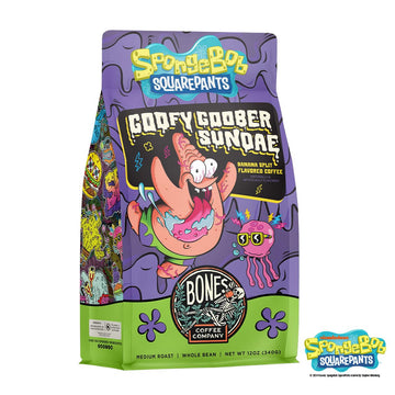 Bones Coffee Company Spongebob Goofy Goober Sundae, Banana Split Flavored Coffee, Medium Roast Low Acid Arabica Beans Compatible With Auto Drip And French Press Coffee Maker, 12 Oz Whole Bean
