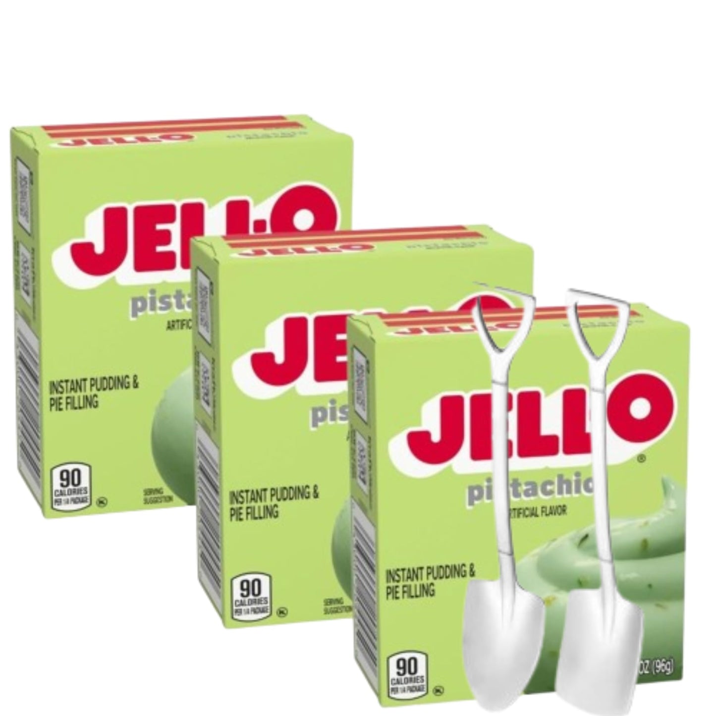 Jell-O Instant Pudding & Pie Filling Mix 3.4 oz Box (Pack of 3) with Candy Freezer Mini Metal Spoons (Pistachio) - Shovel Spoons