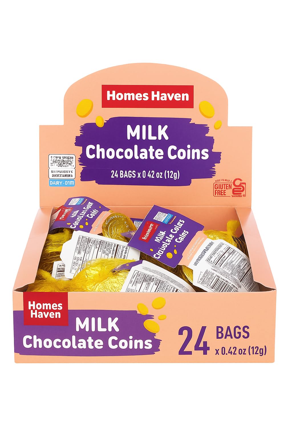 Homes Haven Hanukkah Milk Chocolate Coins - 24 Mesh Bags Of Menorah Embossed Gelt Kosher Dairy Gluten Free Made In Israel Chanukah Gelt