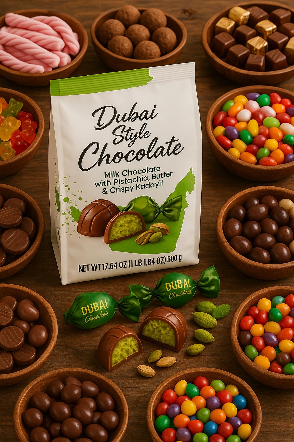Dubai Style Chocolate Candy Gift Bag Milk Chocolate With Pistachio Butter & Crispy Kadayif - Individually Wrapped Gourmet Holiday Snack Christmas Gift Office Treat Everyday Indulgence