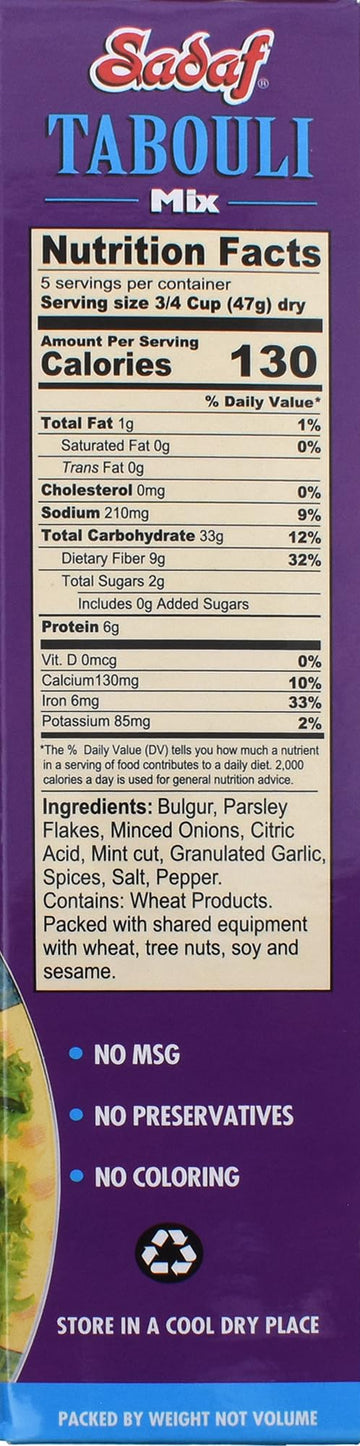 Sadaf Tabouli Mix - Classic Middle Eastern Dish - Vegetarian Tabouleh - Traditional & Healthy Meal - No Msg - No Artificial Coloring - Kosher - 9 Oz Box