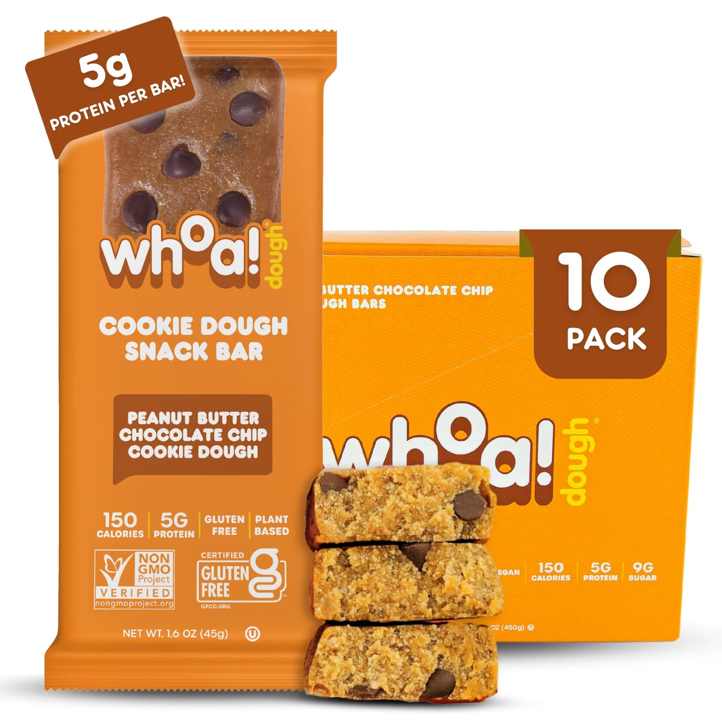 Whoa Dough Edible Cookie Dough Bars- Certified Non-GMO, Kosher and Gluten Free Bars - Healthy Snack Foods - Plant Based Snacks -