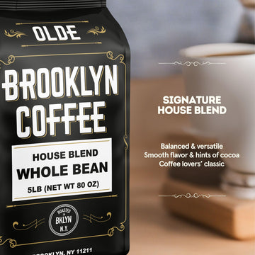 Brooklyn Coffee Whole Bean, House Blend Medium Roast (5Lb) Balanced, Breakfast, Classic - Fresh Bulk Coffee Beans Roasted Weekly
