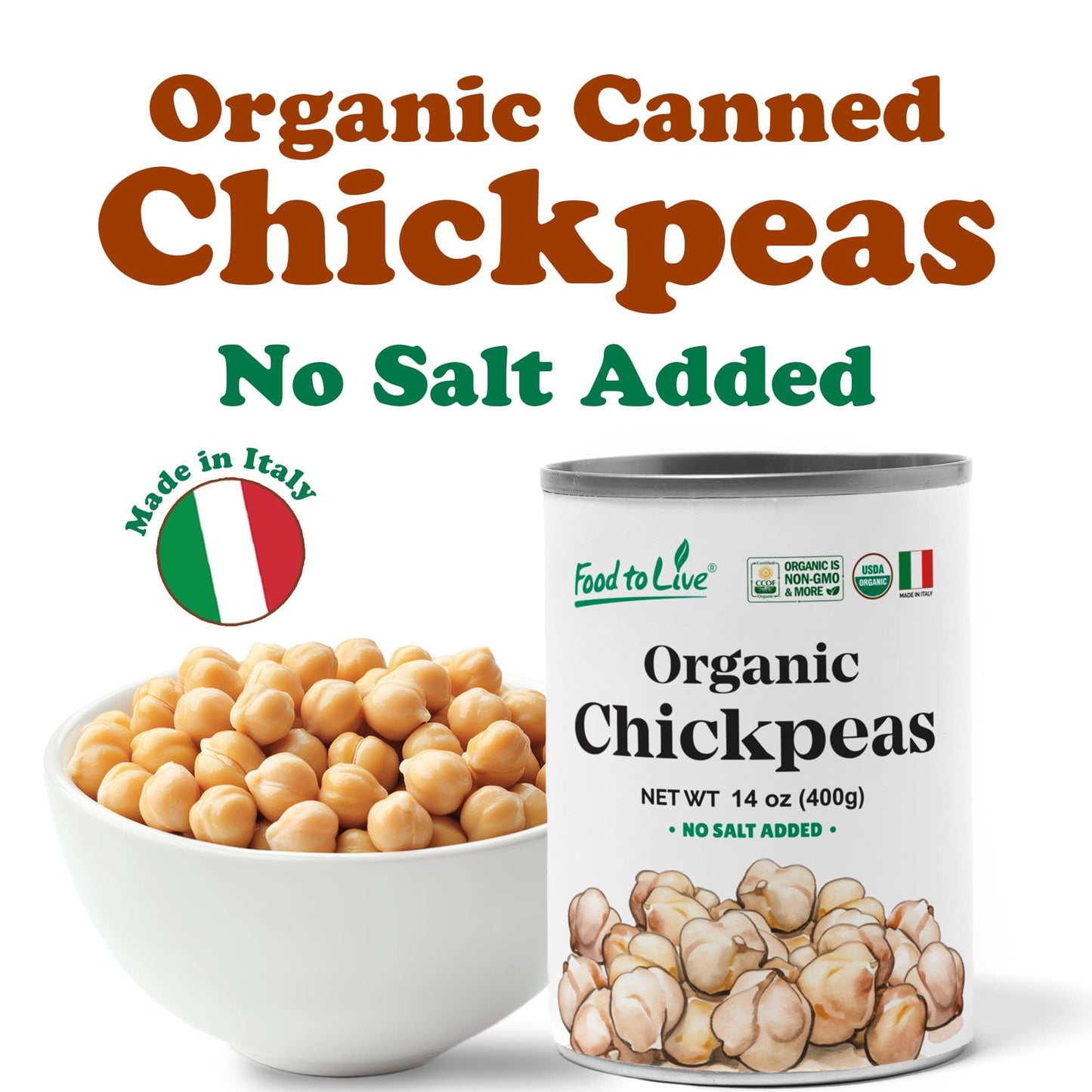 Food To Live Organic Canned Chickpeas, 14 Oz (Pack Of 8) - Unsalted Non-Gmo Garbanzo Beans. Vegan. Good Source Of Fiber And Prot