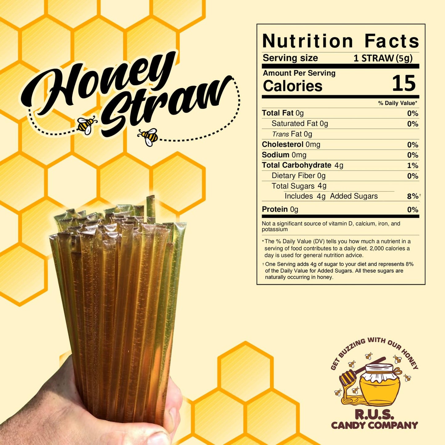 R.U.S. Candy Honey Sticks Pack of 25, Natural Flavor, Single Serve Stir Sticks for Tea and Snacking