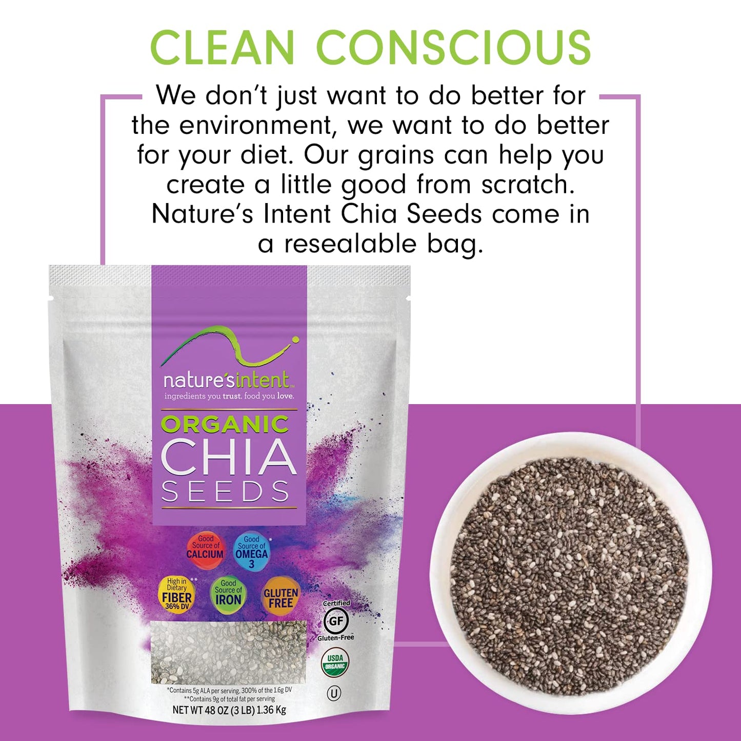 Natures Intent Organic Chia Seeds - 3lb Bag - USDA Organic, Non-GMO, Vegan, Gluten-Free, Kosher, Keto & Paleo - Good Source of
