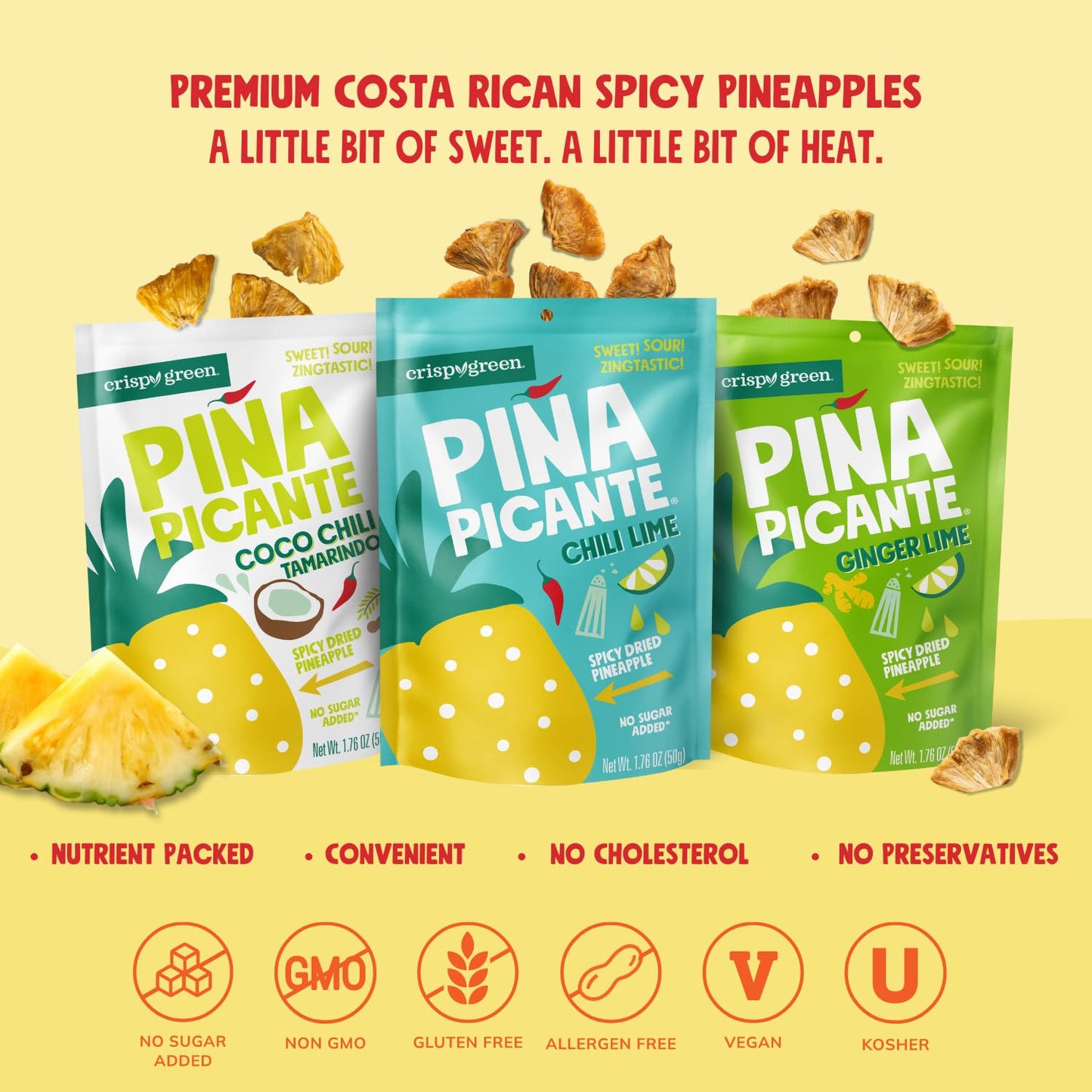 Crispy Green Pia Picante, Ginger Lime Dried Pineapple, Healthy Real Fruit Snacks, 1.76 Ounce, 12 Single Serve Bags