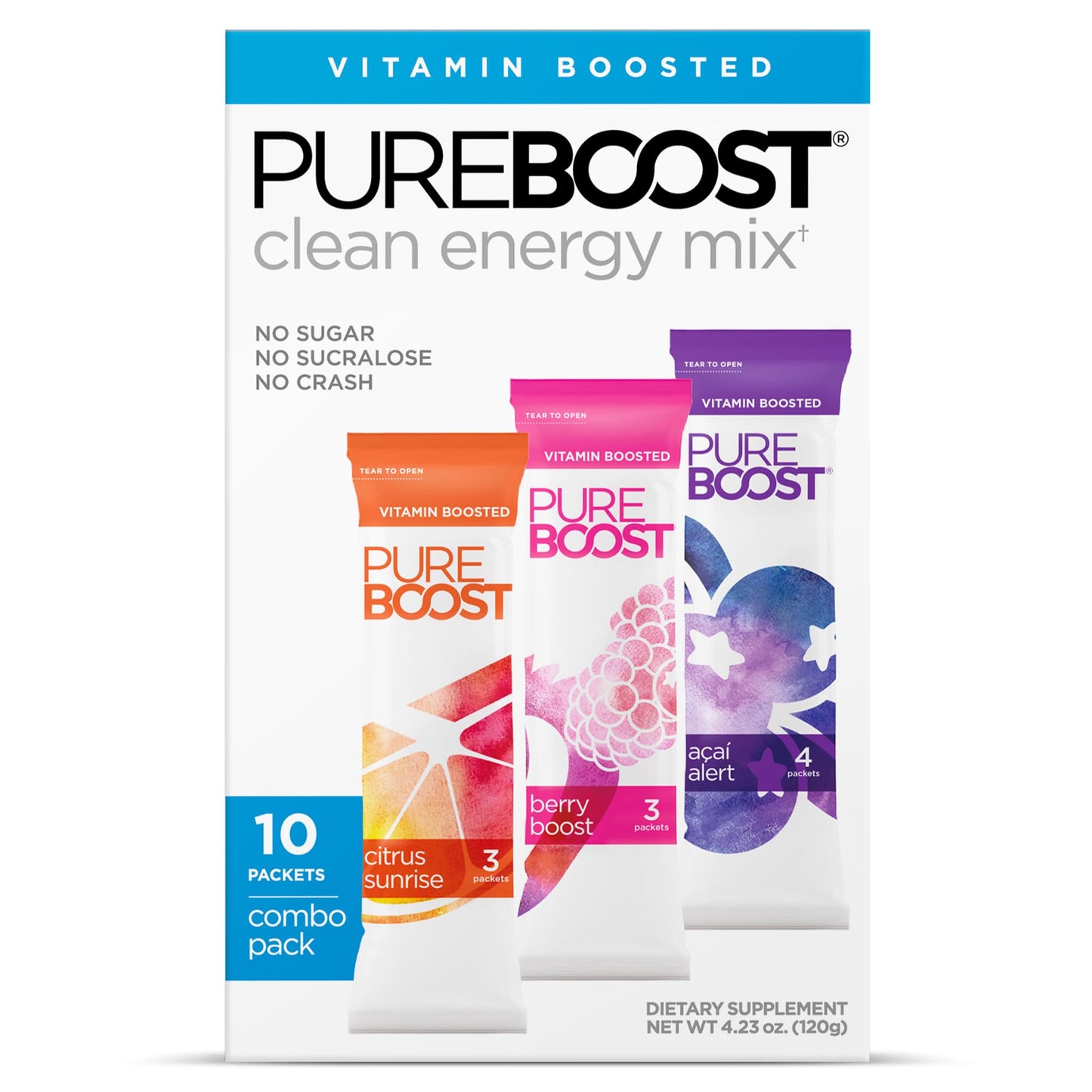 Pureboost Clean Energy Booster Drink Mix, Sugar-Free, with B12, Electrolytes, Antioxidants, 10 Count, Combo Pack, 4.23 Ounce
