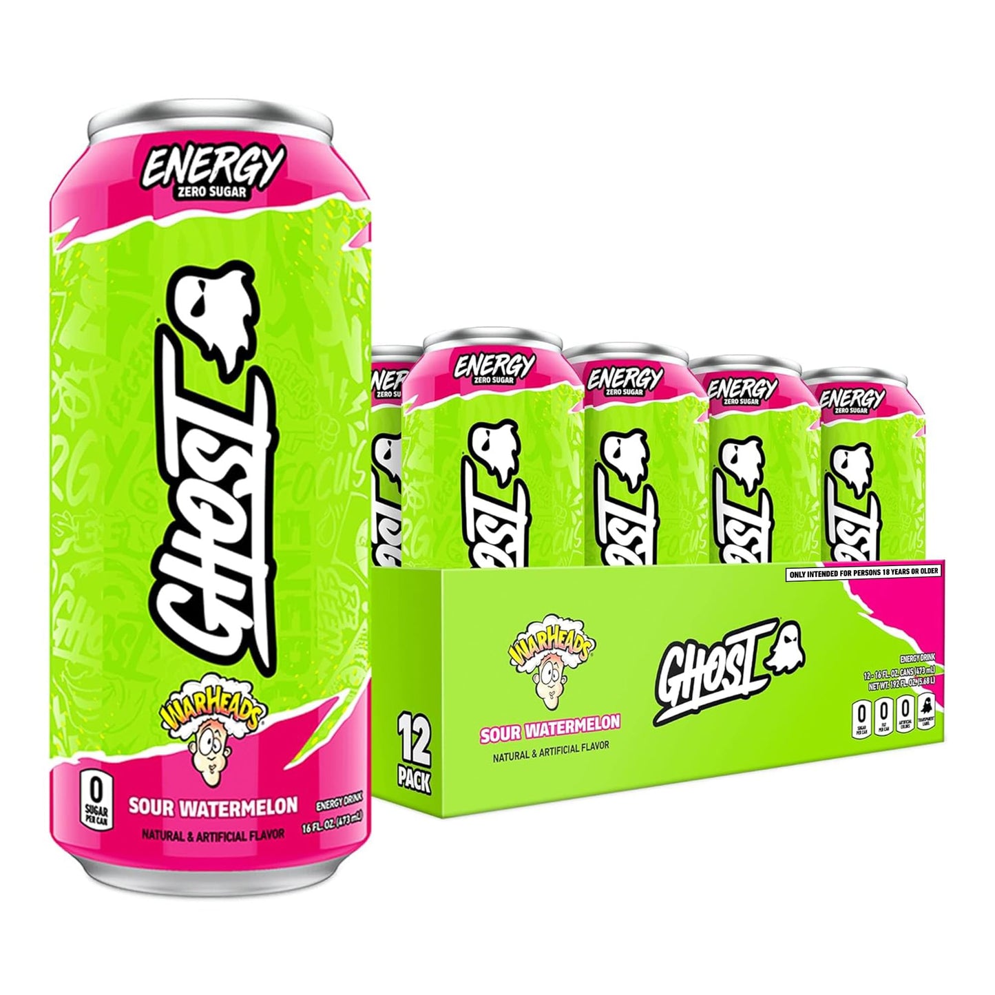 GHOST Energy Drink - 12-Pack, Warheads Sour Watermelon, 16oz - Vegan, Gluten-Free, 200mg Caffeine