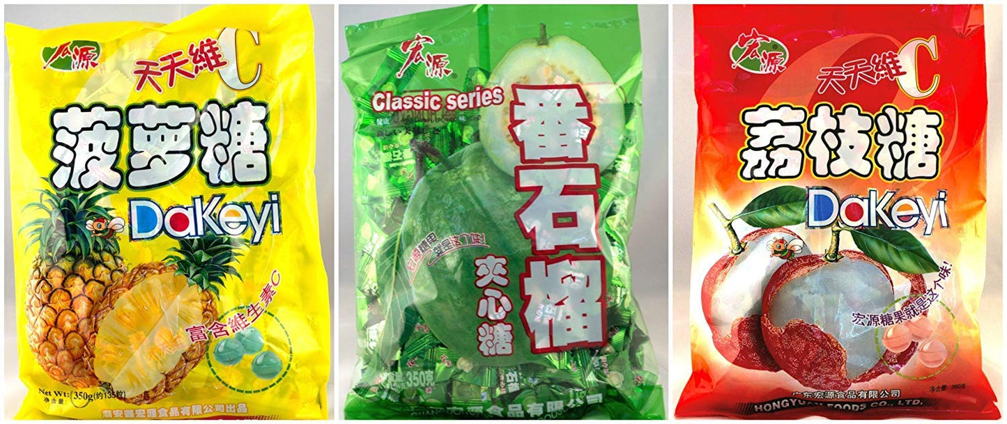 Hong Yuan Pineapple Guava Lychee Candy 3 Pack Bundle 12.3 Oz Dakeyi