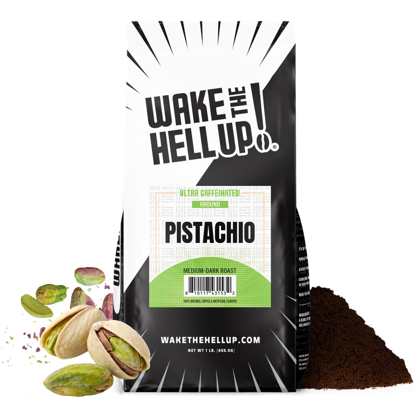 Wake The Hell Up! 1Lb Ultra-Caffeinated Pistachio Ground Coffee Low Acid Medium-Dark Roast