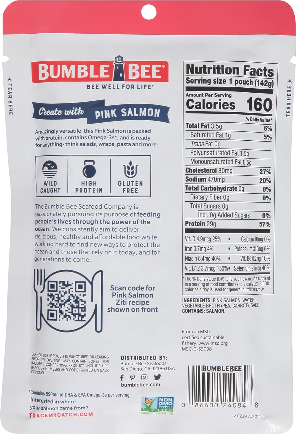 Bumble Bee Skinless & Boneless Pink Salmon, 5 oz Pouch (Pack of 12) - 29g Protein, Gluten Free, Kosher, MSC Certified
