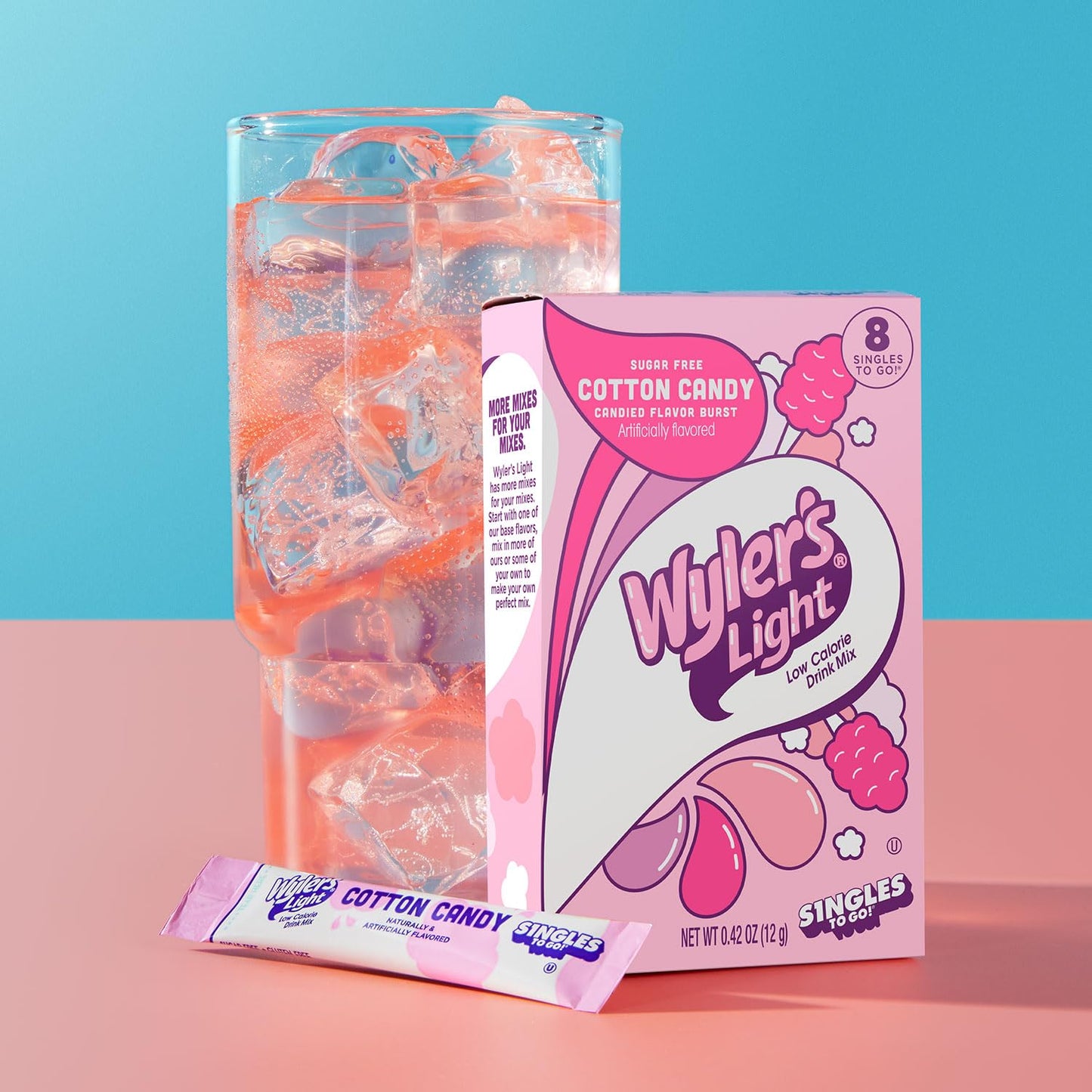 Wyler's Light Singles To Go Cotton Candy Drink Mix, 96 Servings, 8 Count (Pack of 12) - Sugar-Free Water Flavoring