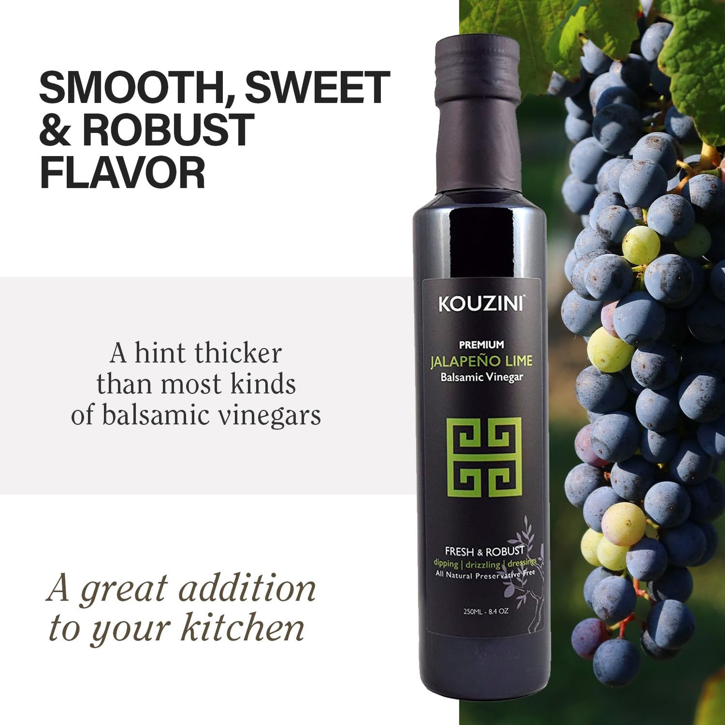 Kouzini Ultra Premium Jalapeno Lime Balsamic Vinegar, Aged Balsamic Vinegars From Modena, Italy, Premium, Smooth & Full-Bodied Flavor, 250Ml Bottle
