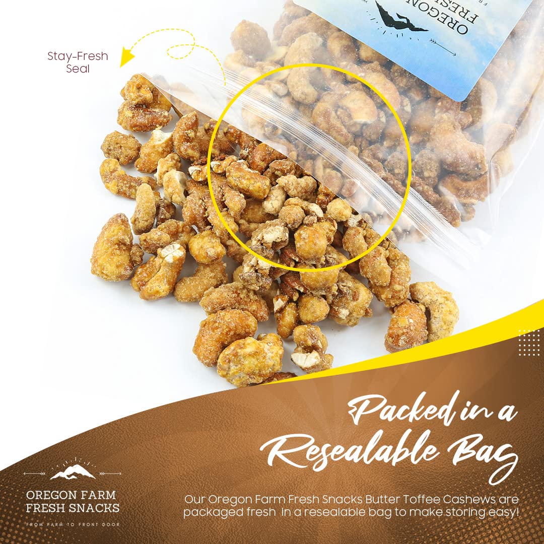 Oregon Farm Fresh Snacks Butter Toffee Cashews - Butter Toffee Coated Cashew Nuts - Delicious and Sweet Nut Snacks - Crunchy Cas