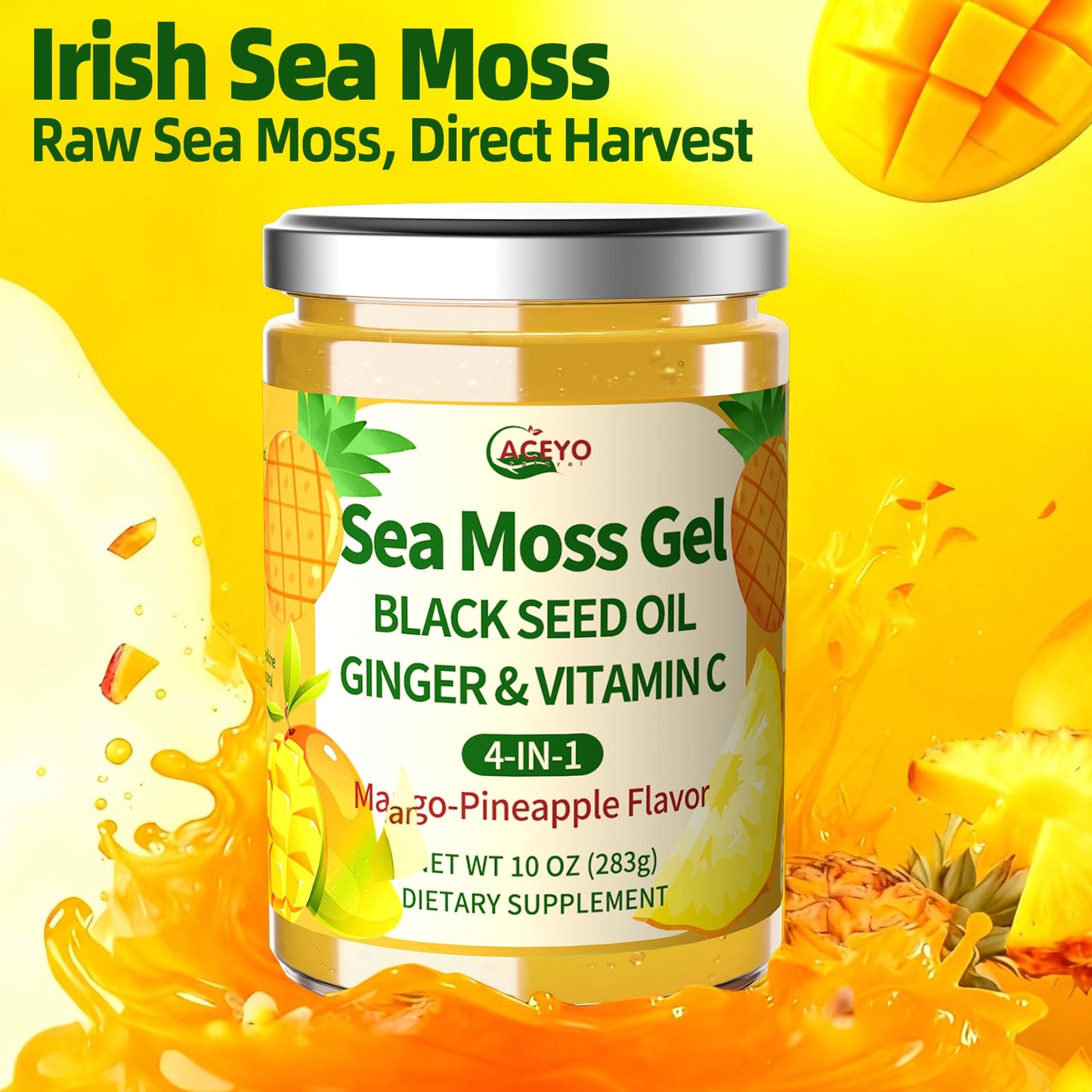 ACEYO Sea Moss Gel 4-in-1 Irish SeaMoss with Black Seed Oil & Ginger Rich in Minerals & Vitamins Immunity & Health Support Non-GMO Vegan Mango Pineapple Flavor 10 oz (Pack of 1)
