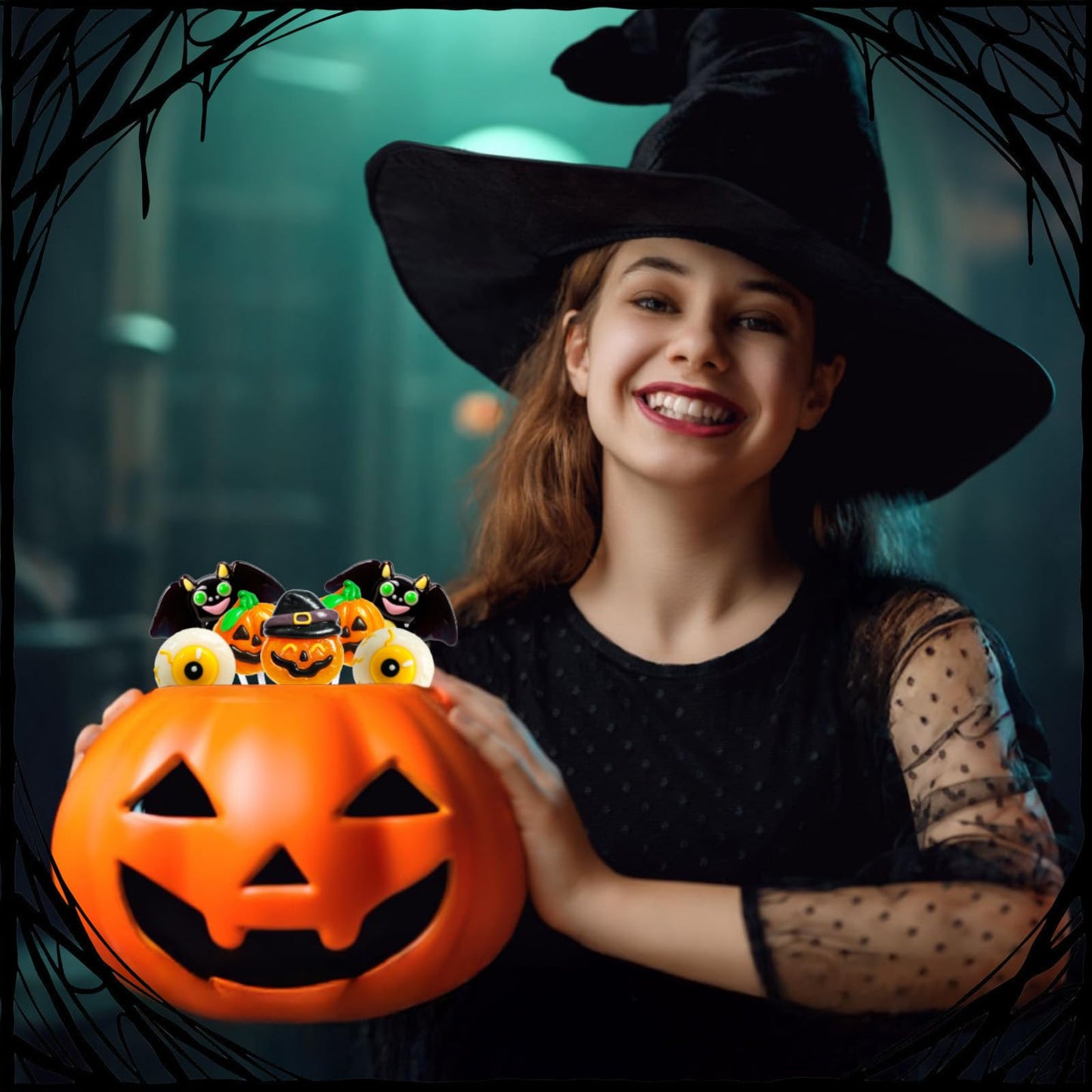 Trick or Treat - 32 Halloween Candy Lollipops Bulk Hatted Jack-O-Lantern Creepy Eyeball Flying Bat and Pumpkin-Shaped Suckers Individually Wrapped Lollipop Halloween Assorted Fruit Flavors