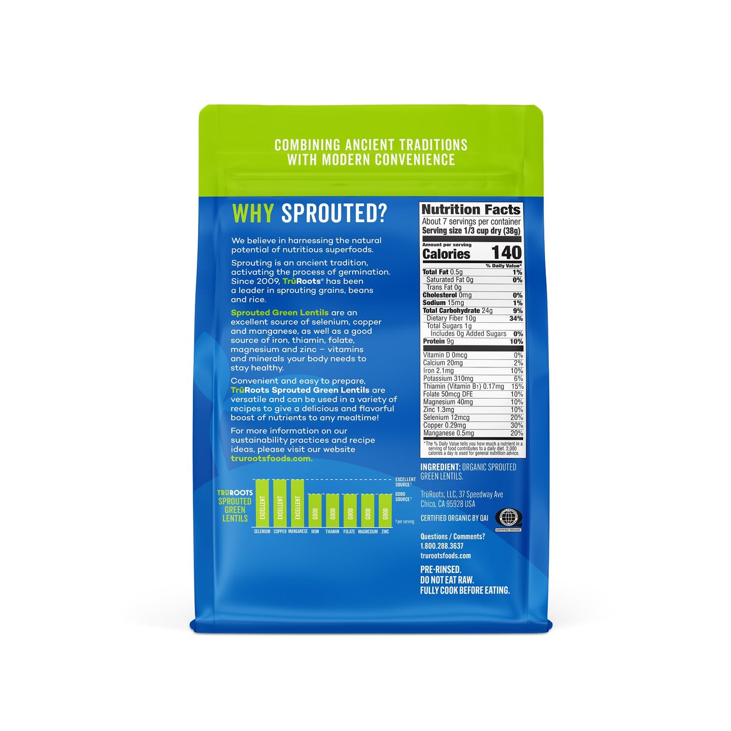 TruRoots Organic Sprouted Green Lentils, 10 Ounces, Certified USDA Organic, Non-GMO Project Verified
