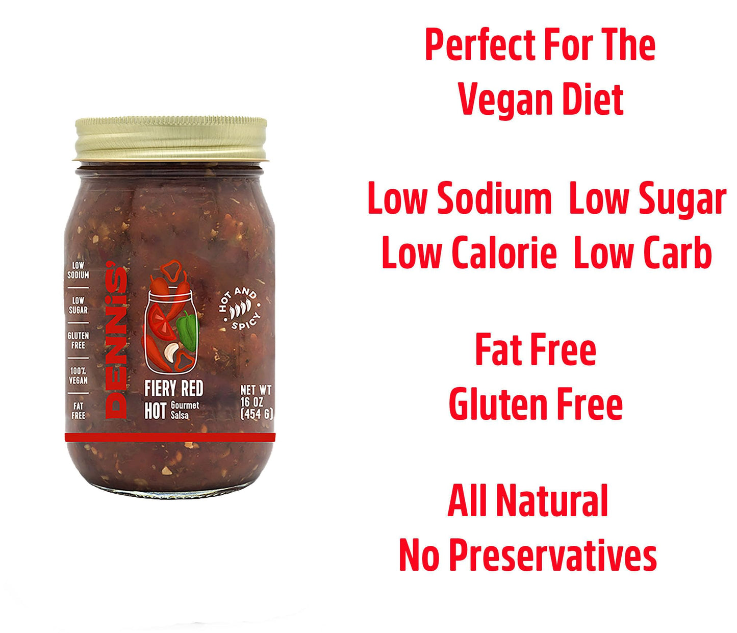 Dennis All-Natural Fiery Red Salsa - Hot, Low Sugar, Vegan Friendly, 2-16 oz Jars