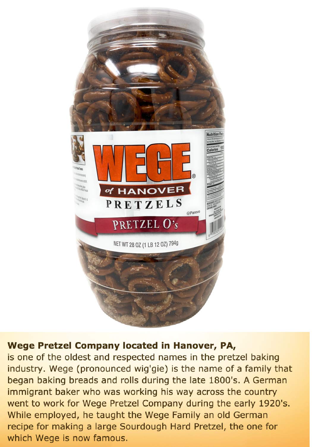 Wege Circle Pretzel O's - Round Salted Pretzels, 28 Ounce Barrel - Snack Treats for Parties and Sharing
