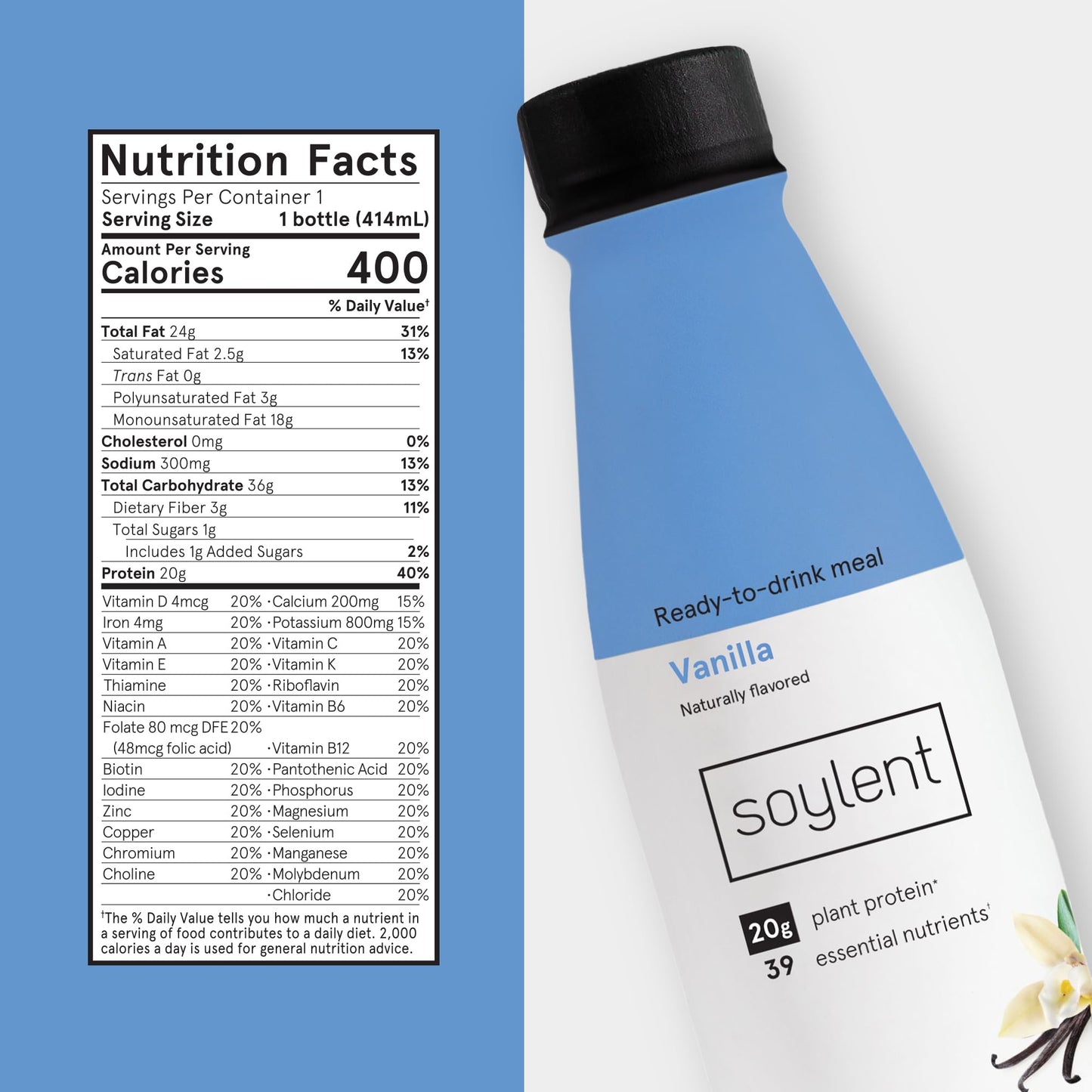 Soylent Vanilla Meal Replacement Shake, Ready-to-Drink Plant Based Protein Drink, Contains 20g Complete Vegan Protein and 1g Sug