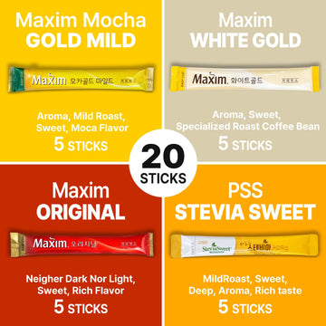 Cutie Mango Maxim & Stevia Variety 20 Sticks Premium Korean Instant Coffee Sampler White Mocha Original Zero Sugar Stevia Assort