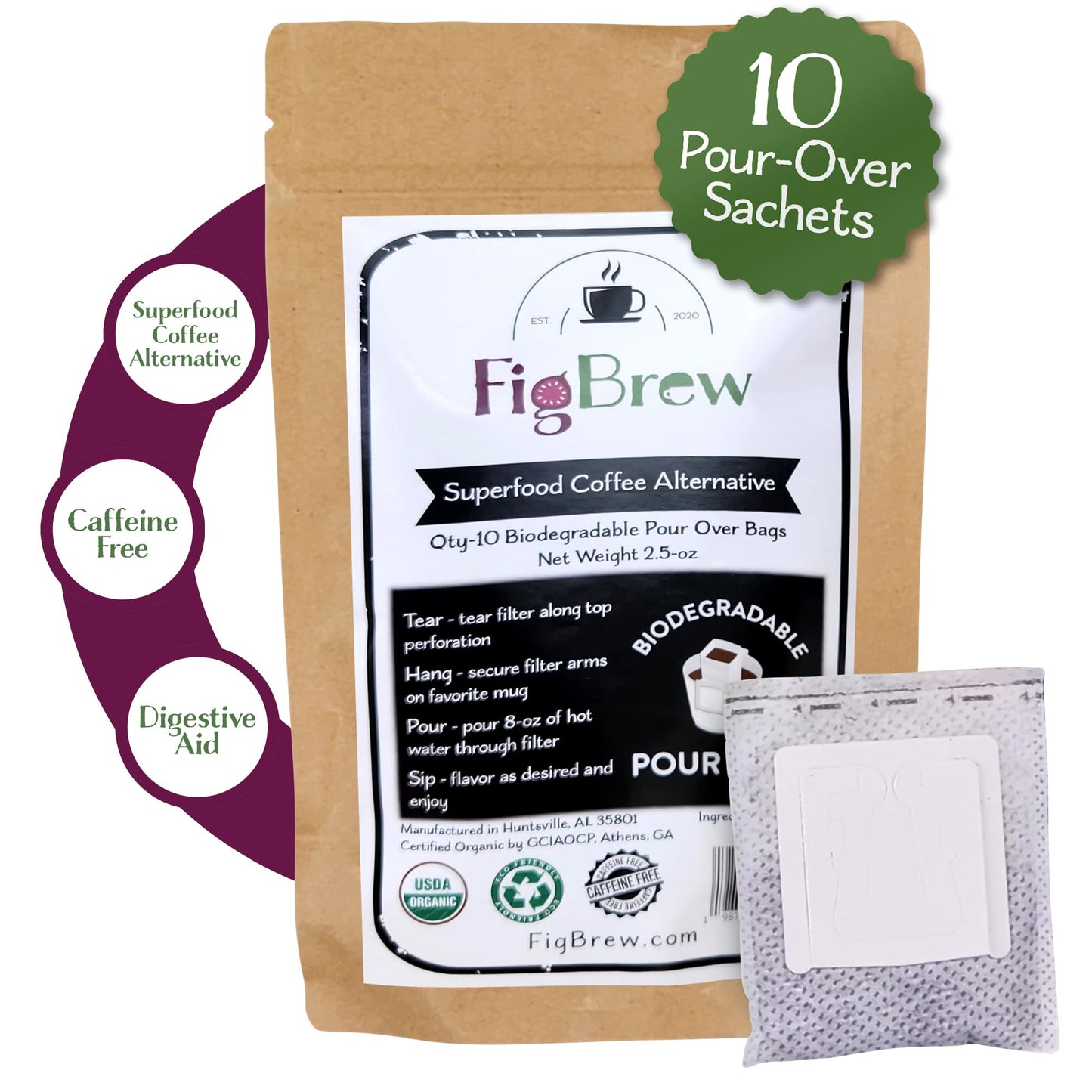 FigBrew Superfood Coffee Alternative, Caffeine-Free, Low Acid, 2.5 Ounce, 10ct Pour-Over Sachets