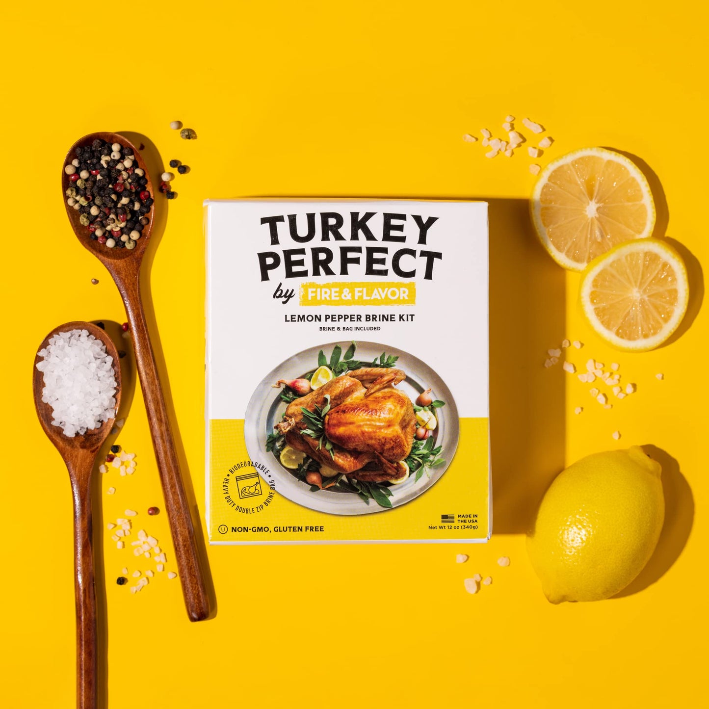 Fire & Flavor Lemon Pepper Turkey Perfect Brine - Turkey Brine Kit with Bag for Roasting Grilling smoky aroma and Frying - Brining Seasonings for Cooking and Turkey Brine Bag - Turkey Brine and Rub Kit