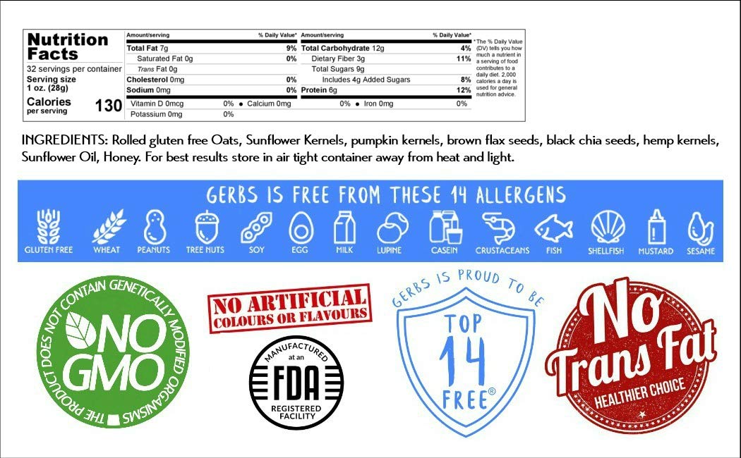 Gerbs Super 5 Seed Granola, 2 Lbs - Top 14 Food Allergy Free & Non Gmo - Keto Safe &Unsulfured - Pumpkin, Sunflower, Chia, Hemp, Flax Seeds
