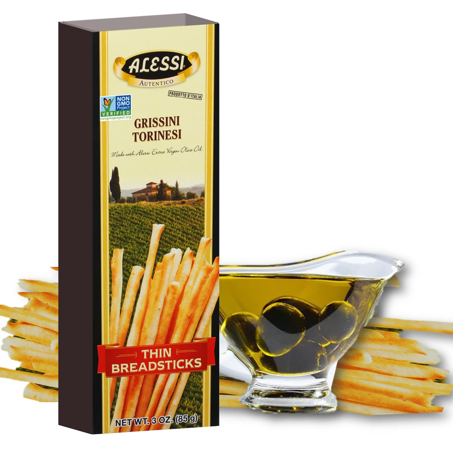 Alessi Imported Breadsticks, Thin Autentico Italian Crispy Bread Sticks, Low Fat Made With Extra Virgin Olive Oil, 3Oz (Thin, 3 Ounce (Pack Of 12))