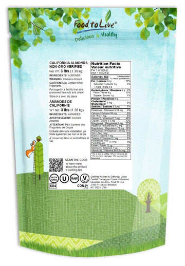 Food To Live California Almonds, 3 Pounds - Supreme, Whole, Raw, Unsalted, Unroasted Nuts, Natural.