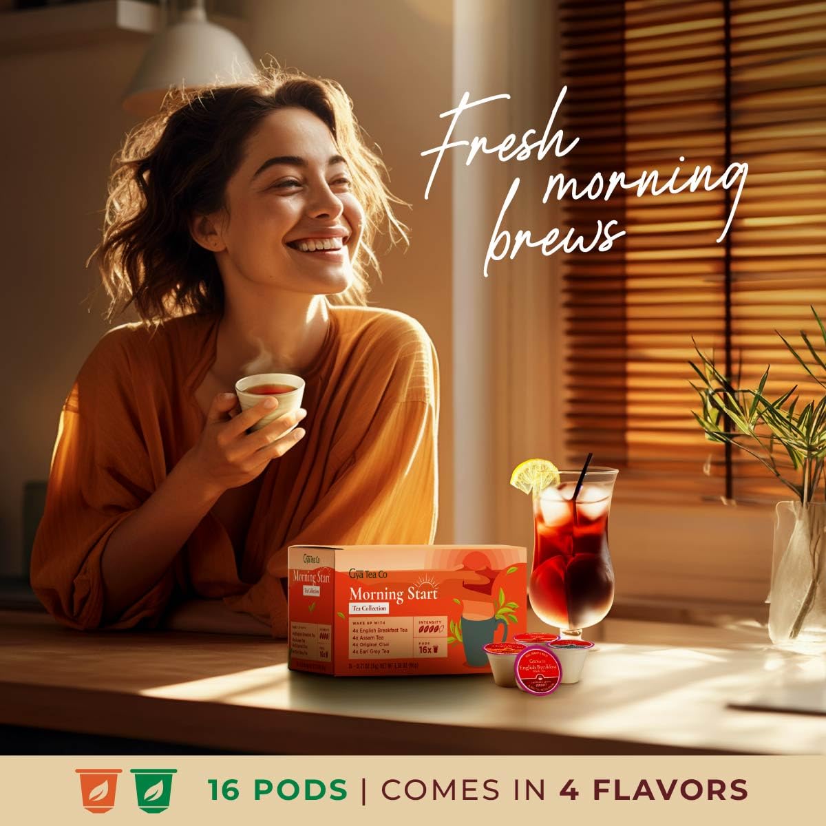 Gya Tea Co Morning Start Tea Gift Set (16 ct) - Assorted Tea Pod Variety Pack with English Breakfast, Assam, Original Chai & Ear