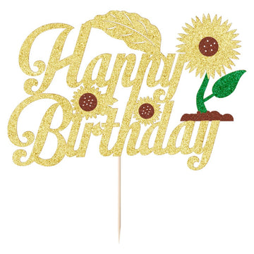 1 Pack Happy Birthday Cake Topper Glitter Sunflower Cake Pick Baby Shower,Sunflower Theme Party Decoration, Kids Boy Girl Birthd