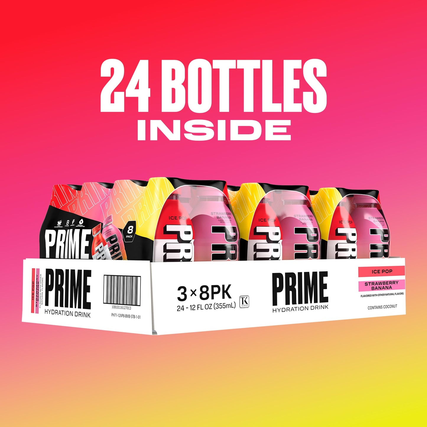 PRIME HYDRATION Sports Drinks - Ice Pop & Strawberry Banana, Electrolyte Enhanced, 250mg BCAAs, 12 Fl Oz (Pack of 24)