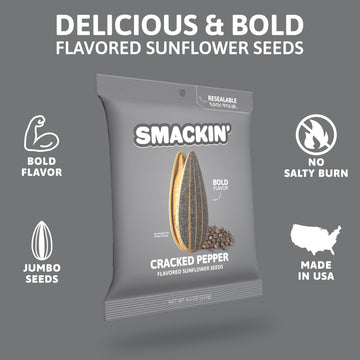 Smackin' - Jumbo Roasted Sunflower Seeds, No Salty Burn, American Made, Easy Pour & Seal - Cracked Pepper, 4Oz Bag (12 Bags)