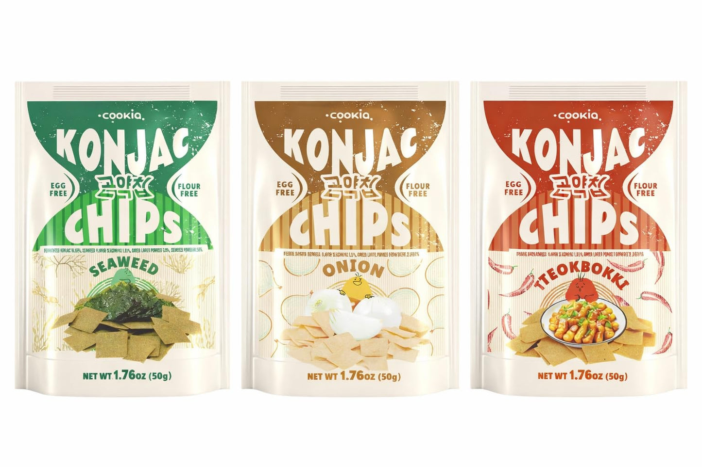 Konjac Chips Variety Pack (Seaweed, Onion, Tteokbokki) - Vegan Plant-Based Snack, Egg-Free & Flour-Free Crunchy Chips, Light & C