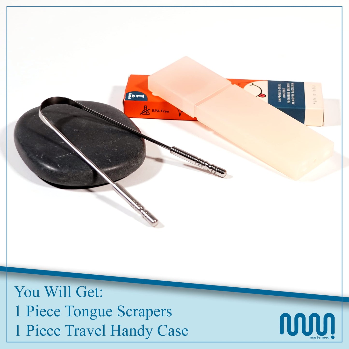 MasterMedi Tongue Scraper with Travel Case - Easy to Use Tongue Cleaner for Oral Care & Hygiene, Single Pack for Adults