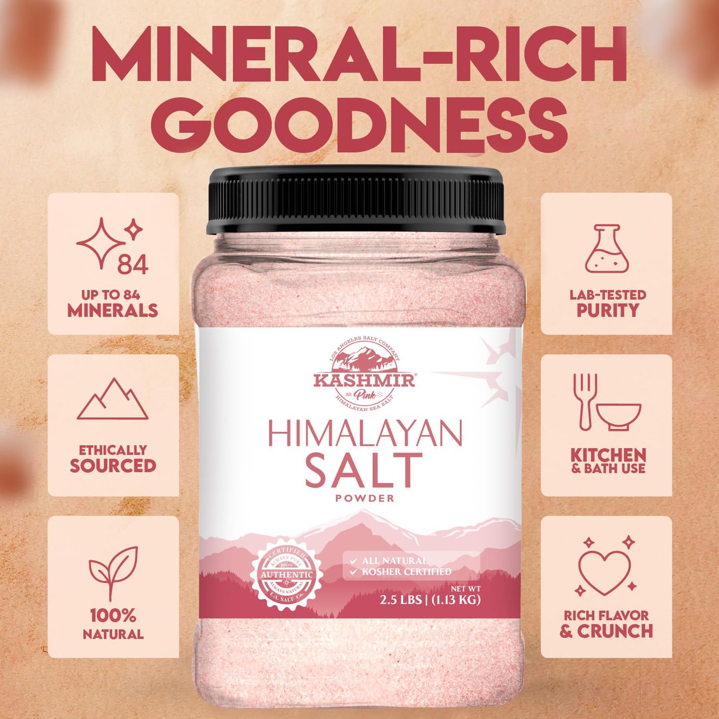 LA SALT CO Pink Himalayan Salt Jar, 2.5 Lbs, 100% Pure, Vegan, Non-GMO, Kosher Certified