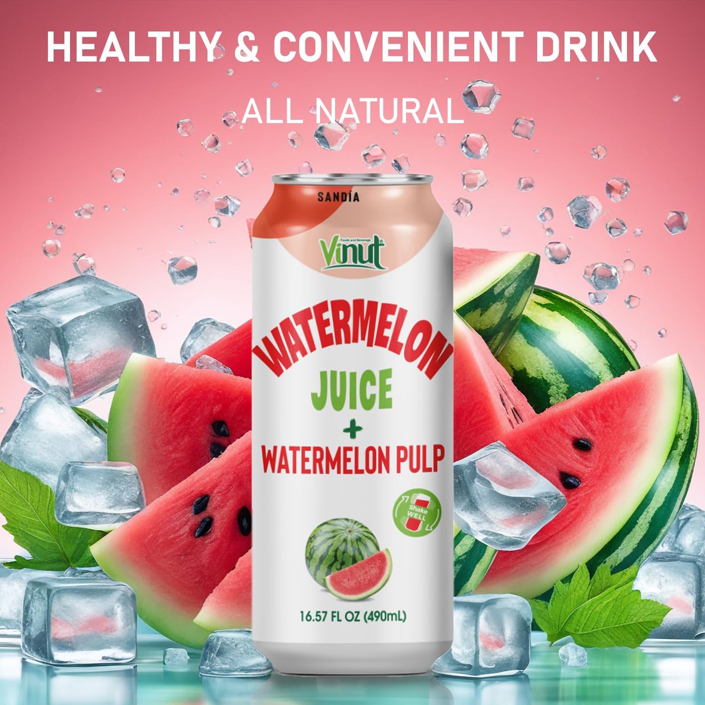 Vinut Natural Watermelon Juice Drink With Pulp, (16.57 Fl Oz, Pack Of 12) - Real Watermelon Juice, No Sugar Added, Gluten Free,