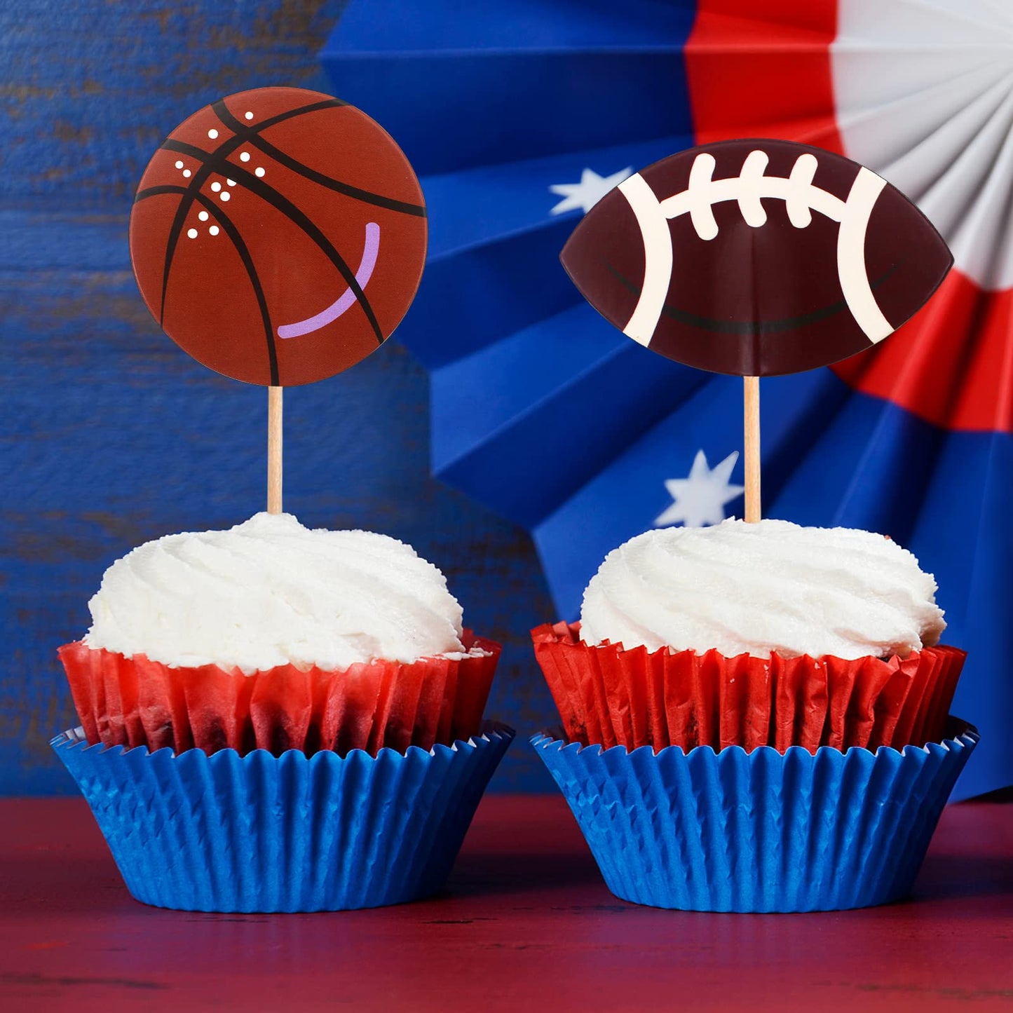 BLUE TOP Sports Ball Cupcake Toppers, 48 Pcs, 4.5 Inch, Paper Picks for Football, Baseball, Basketball, Rugby, Olympics Party Decor