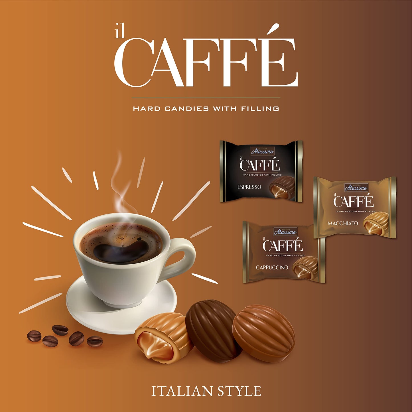 MAESTRO MASSIMO Coffee Candy, Macchiato, Espresso, Cappuccino, 3mg Caffeine, 2.2 Pound Bulk Bag, Individually Wrapped, Brown