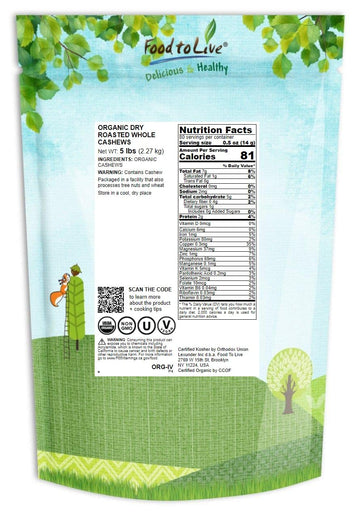 Food to Live Organic Dry Roasted Whole Cashews, 5 Pounds Non-GMO, Unsalted, Oven Roasted Nuts, No Oil Added, Kosher, Vegan, Bulk