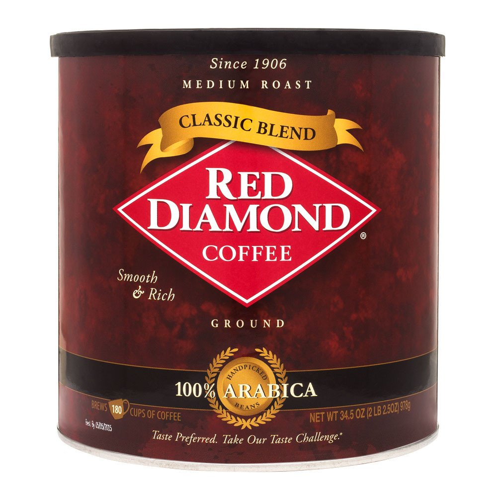 Red Diamond Ground Coffee 100% Colombian Medium Roast Top-High Standardrabica Beans Hearty & Full Flavor 34.5 Ounce Resealable Can