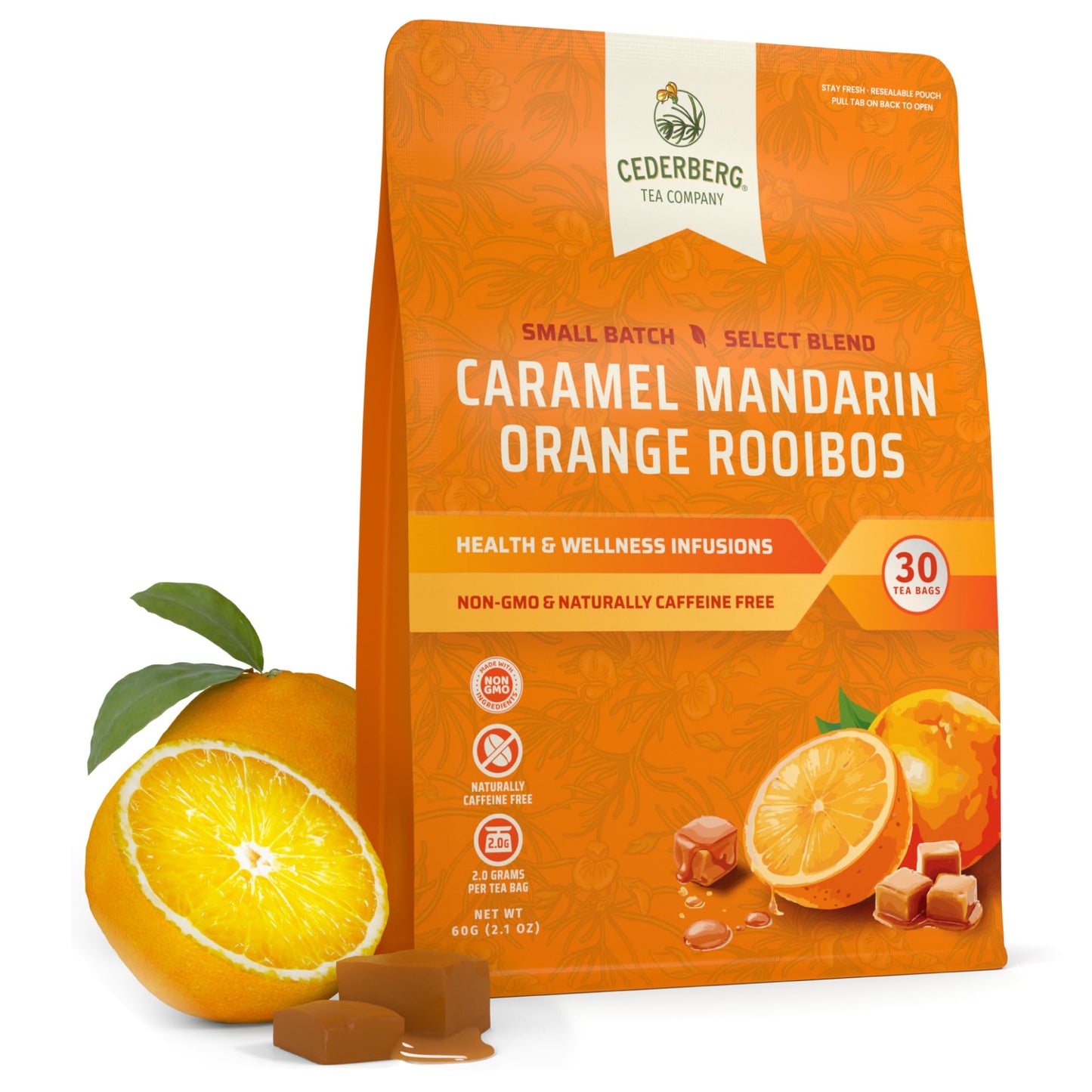 Cederberg Tea Company Caramel Mandarin Orange Rooibos Tea Bags - Made With Organic Red Rooibos Tea South African Herbal Tea Naturally Energy Blend Free Tea Small Batch - Select Blend Non-Gmo Top-Grade Leaf Antioxidant-Rich 30 Count