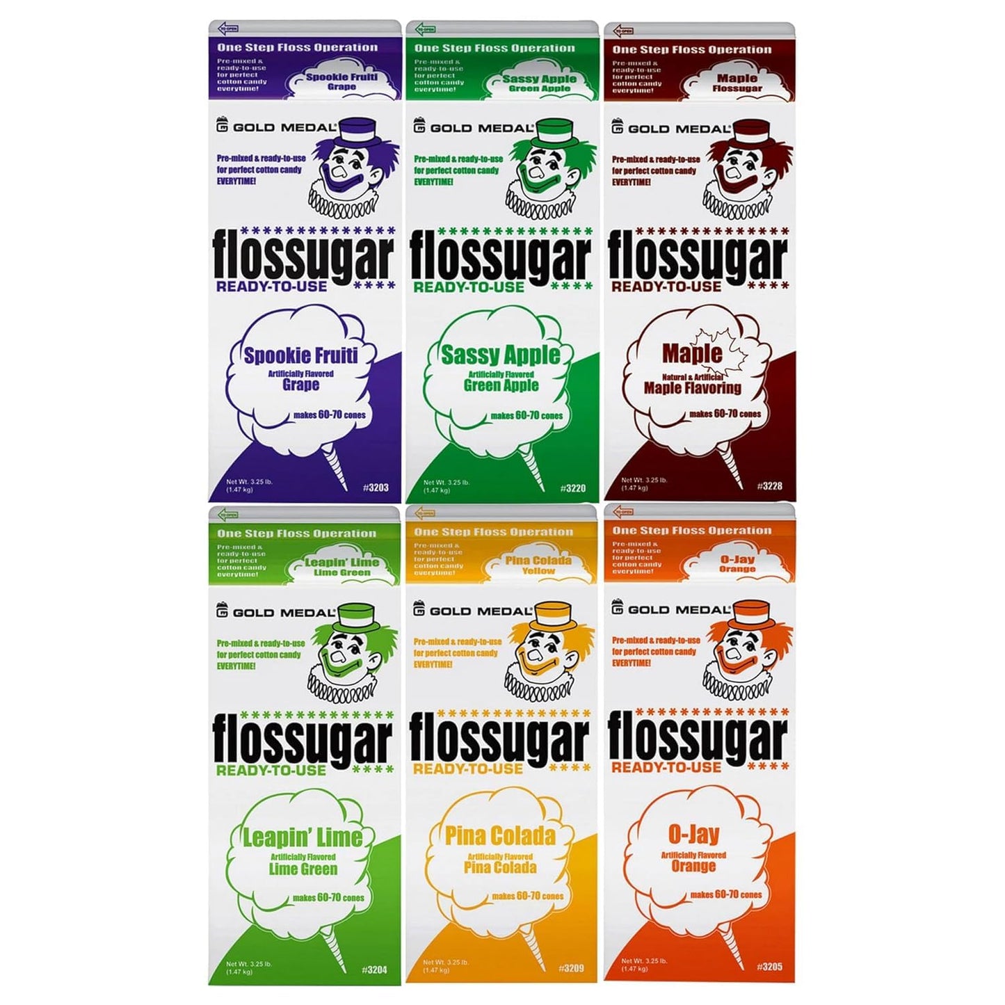 Cotton Candy Floss sugar Mix Flavors | Pack Of 6 | Grape, Green Apple, Maple, Lime Green, Pina Colada and Orange Flavors | 1/2 G