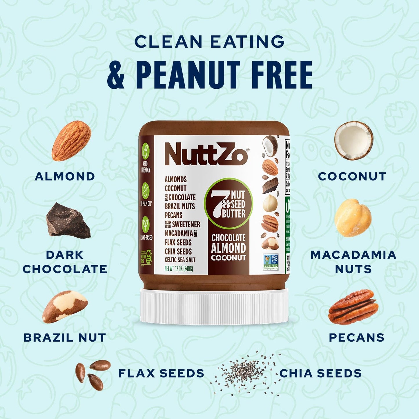 NuttZo Keto Dark Chocolate Nut Butter, Crunchy Coconut & 7 Nuts Blend, 12oz Jar (Pack of 6), Vegan, Kosher, 1g Sugar, 3g