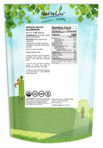 Food To Live Organic Dried Black Mulberries, 1 Pound - Non-Gmo, Raw Fruit, Unsulfured, Unsweetened, Vegan, Mulberry In Bulk. Gre