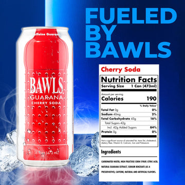 BAWLS Guarana Drink, Cherry Flavor, Caffeinated Soda, 16 Fl Oz, 24 Pack Cans