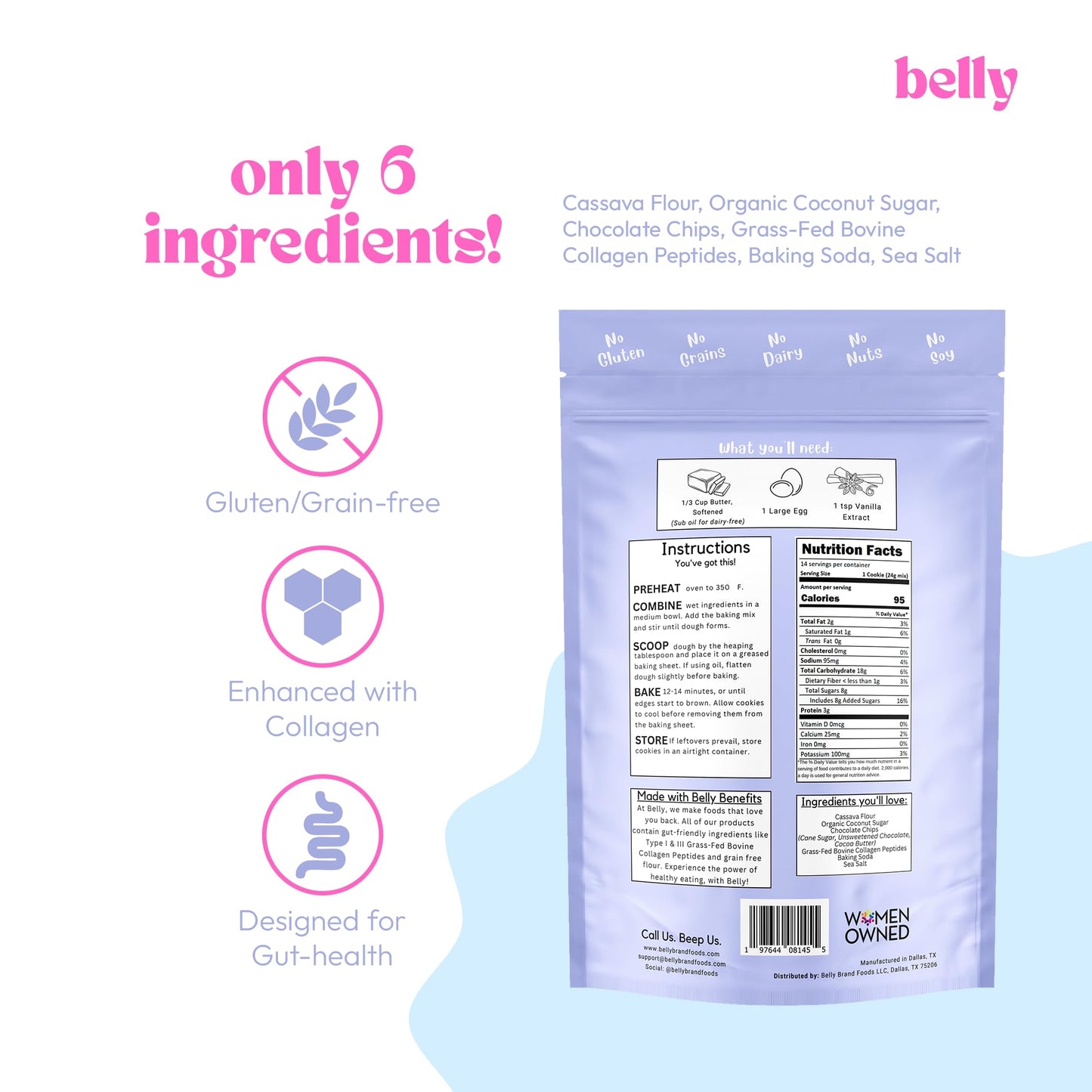 Belly Chocolate Chip Cookie Mix With Collagen Protein | High-Protein | Soft & Chewy Cookies | Grain-Free Dairy-Free Nut-Free | H